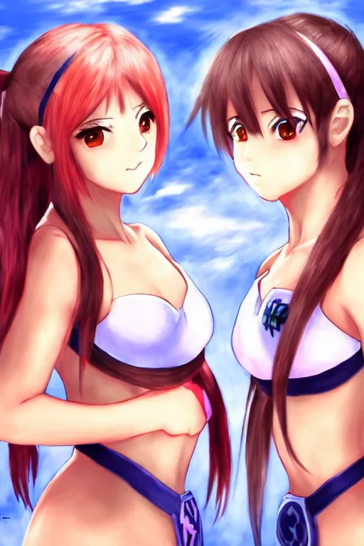 Image similar to two beautiful female fighters with pigtails facing each other, detailed anime art