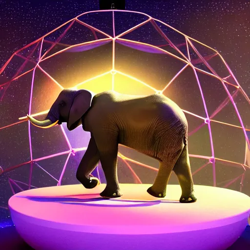 Image similar to a hyperrealistic 3D octane render of an elephant wearing virtual reality goggles, and playing a synthesizer keyboard, inside of a geodesic dome planetarium with planets and galaxies, trending on artstation, 8k, 4K, dramatic lighting, glowing, volumetric lighting, ray tracing, unreal engine