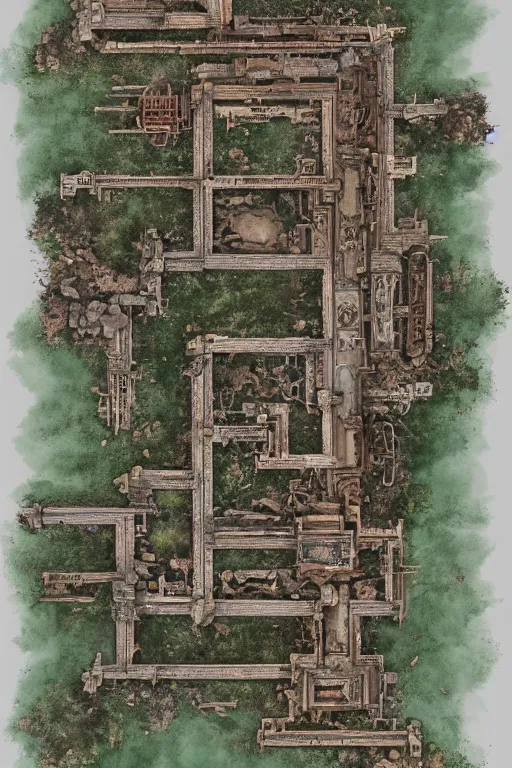 Prompt: full - color fantasy floor plan map of a ruined temple, 8 k, sharp details, highly detailed, bold edges, by greg rutkowski and james gurney, trending on artstation