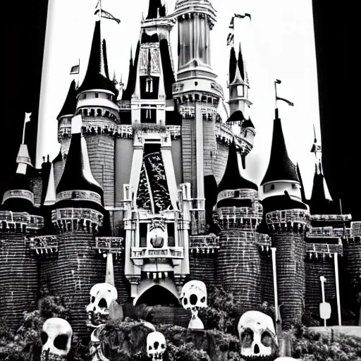 Image similar to the Disney castle made of skulls and bones, nightmare, black and white