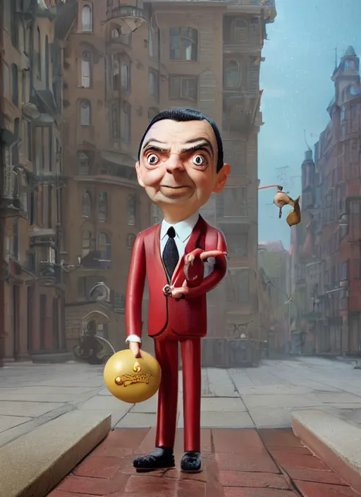 Image similar to full body of a tin toy mr bean, depth of field, zeiss lens, detailed, symmetrical, centered, fashion photoshoot, by nicoletta ceccoli, mark ryden, lostfish, earl nore, hyung tae, frank frazetta, breathtaking, 8 k resolution, extremely detailed, beautiful, establishing shot, artistic, hyperrealistic, octane render