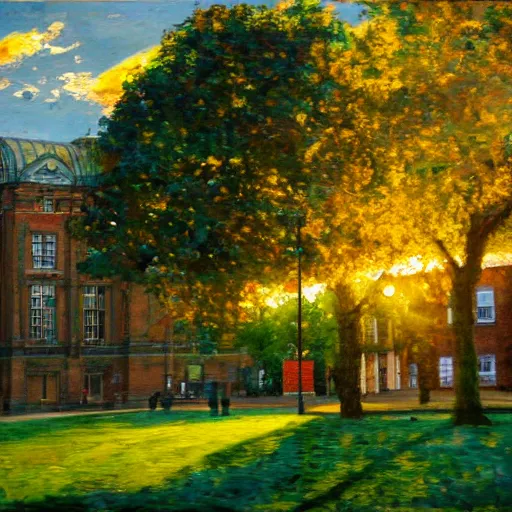 Image similar to university of Leeds, impressionist painting, weed leaves as clouds in sky, dramatic sunset lighting