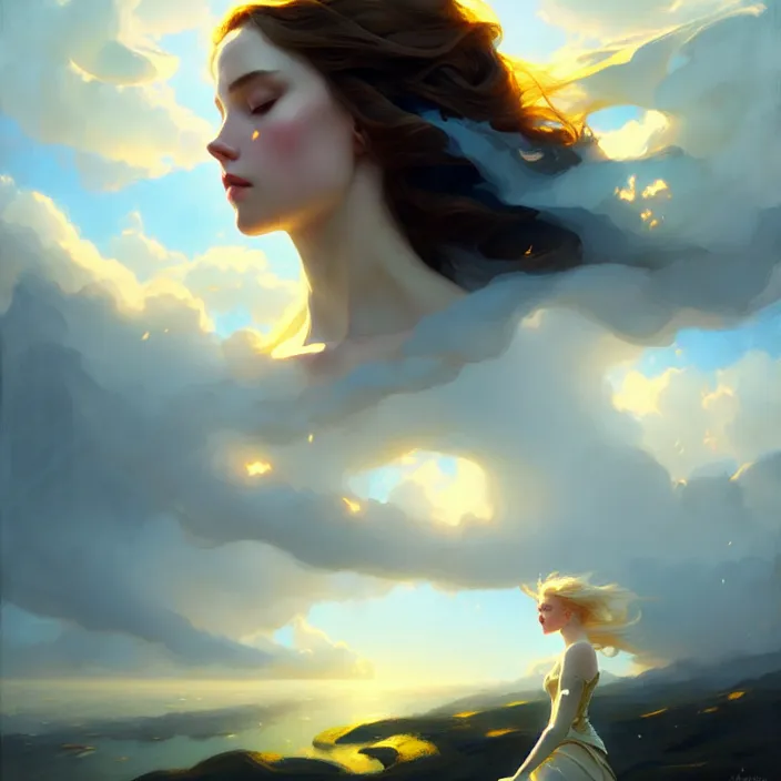 Image similar to style artgerm, joshua middleton, jeremy lipking, soft castle in the sky white with gold, majestic spires, clouds swirling, detailed, sky setting, volumetric lighting