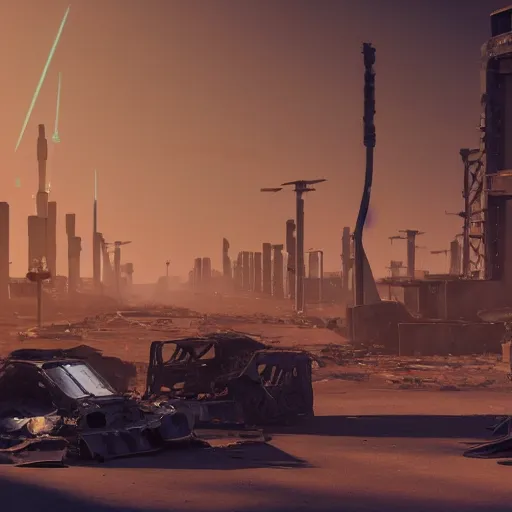 Image similar to machines and robot soldiers run on the horizon in a deserted street full of machines and wrecked cars. there are destroyed and abandoned buildings in the background. rockets take off on the horizon leaving this planet that has become uninhabitable, 4k, highly detailed, cinematic render