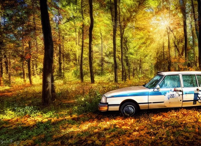 Image similar to Impressionism painting of a an abandoned 1980s taxi car in a forest with falling leaves, dramatic, sunrays