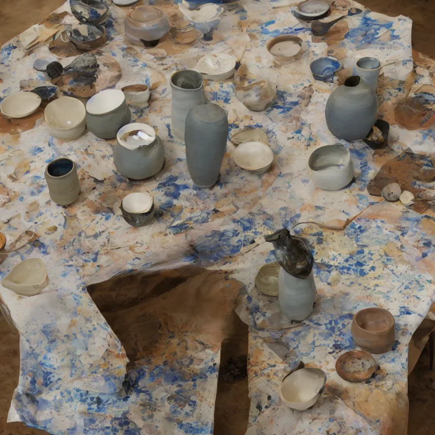 Prompt: beautiful ceramics studio photograph of a ceramics display of tall angular stoneware vase glazed by jackson pollock placed on a tablecloth on a wooden table, hyperrealism 8 k trending on artstation