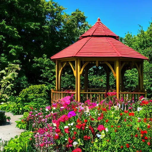 Image similar to a flower garden with a gazebo