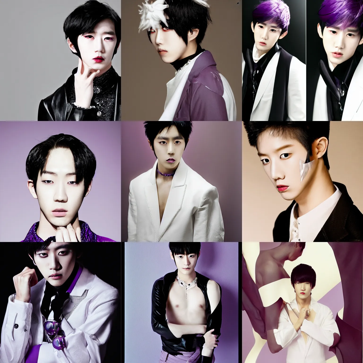 Prompt: male ulzzang with white leather garment, black porcelain makeup, purple crystal jewelry, full shot, fashion photography, by irving penn and storm thorgerson, ren heng