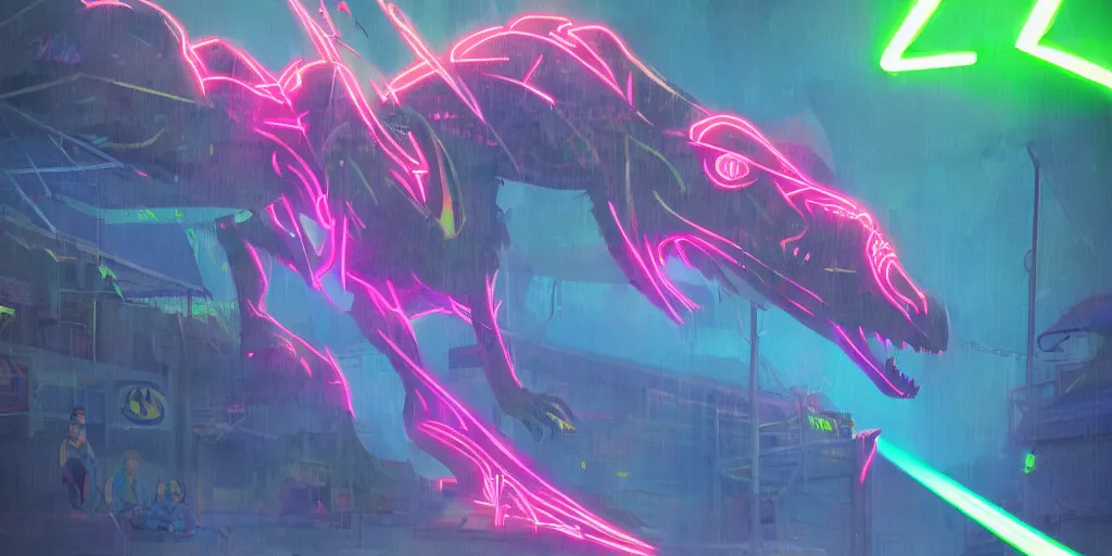 Prompt: neon laser dinosaur at the county fair by makoto shinkai