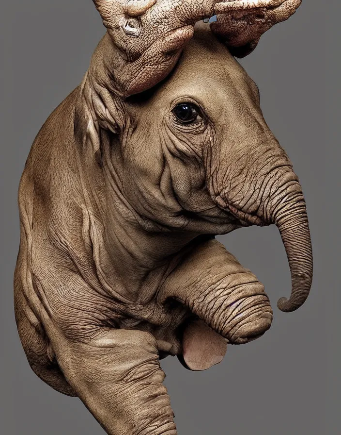 Image similar to portrait of muscular animal human merged head skin ears, without background, fit in frame, scales skin dog, cat merged elephant head cow, chicken face morphed fish head, gills, horse head animal merge, morphing dog head, animal eyes, merging crocodile head, anthropomorphic creature