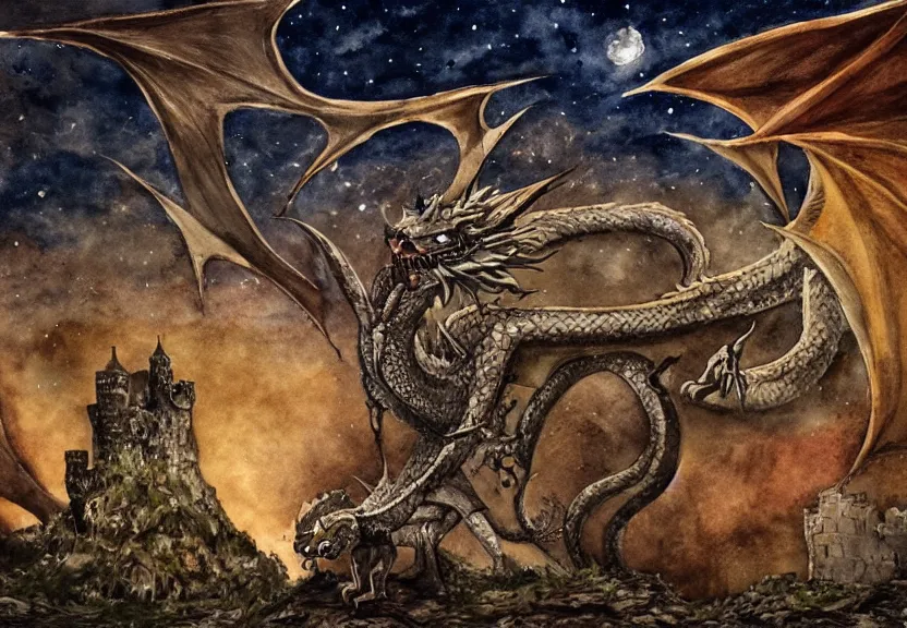 Prompt: possum dragon at a medieval castle under a dark starred sky, dark fantasy, watercolor, dreaming illusion, highly detailed, 4k, trending on Artstation, award-winning