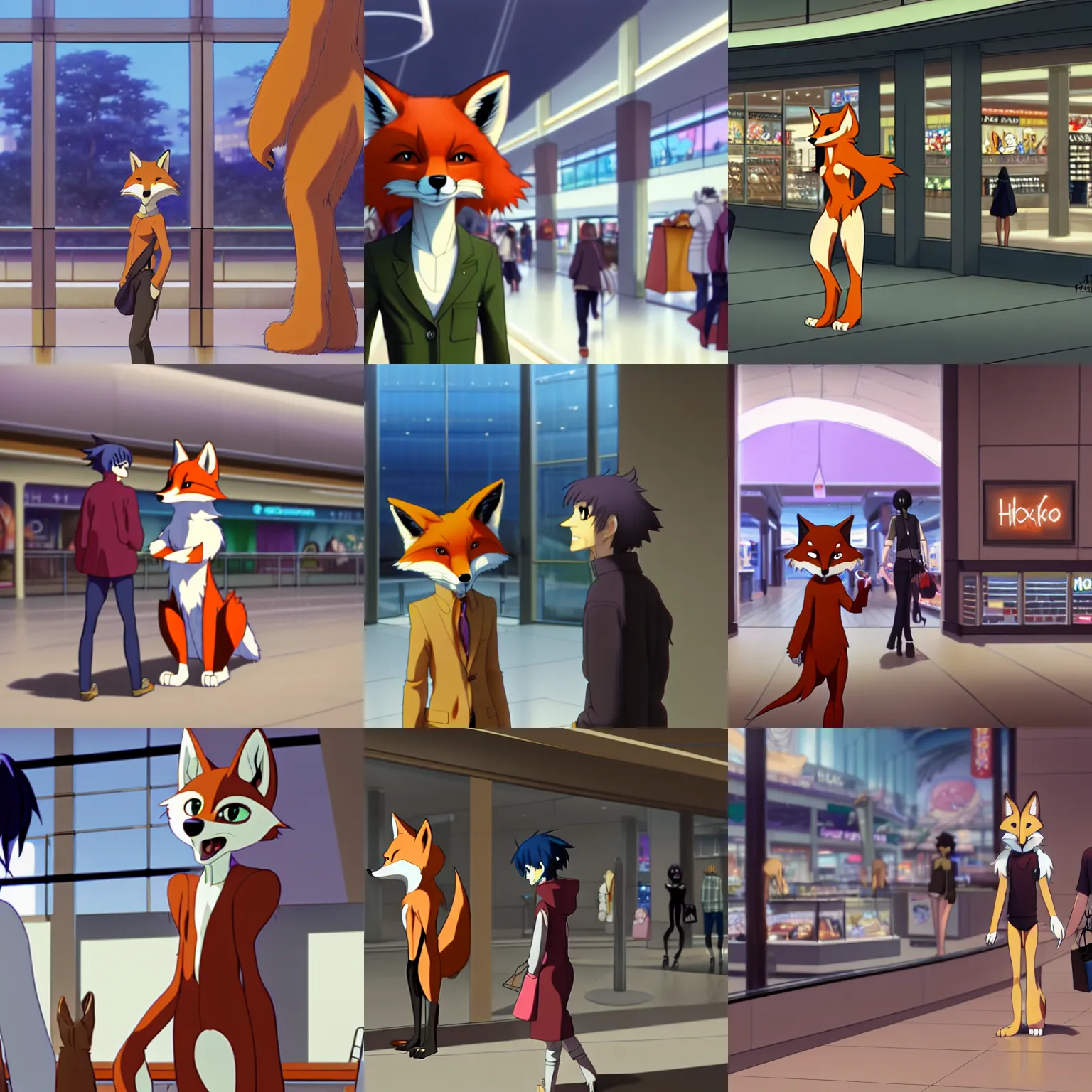 Image similar to an anthropomorphic furry ( fox ) shopping at a futuristic mall, photorealistic, anime, makoto shinkai, james gurney, don bluth, hibbary, dark natasha, goldenwolf, furaffinity