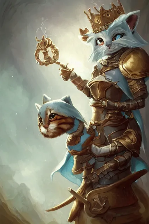 Image similar to cute little anthropomorphic cat knight wearing a cape and a crown, tiny, small, miniature cat , baby animal, short, pale blue armor, cute and adorable, pretty, beautiful, DnD character art portrait, matte fantasy painting, DeviantArt Artstation, by Jason Felix by Steve Argyle by Tyler Jacobson by Peter Mohrbacher, cinematic lighting