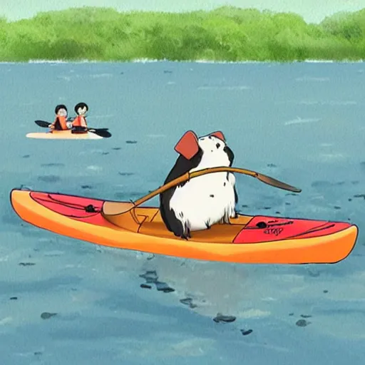 Image similar to a guinea pig paddling a kayak in the style of Studio Ghibli