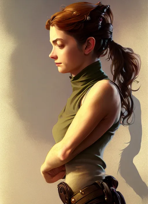 Image similar to portrait of a full body of beautiful young female detective, d & d, sleeveless turtleneck, fantasy, flat lighting, intricate, highly detailed, digital painting, artstation, concept art, smooth, sharp focus, illustration, art by simon bisley and greg rutkowski and alphonse mucha, natural tpose