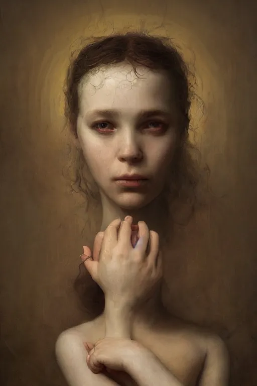 Prompt: breathtaking detailed soft painting of my beggar girlfriend, monstrous child, tying herself with her impossible voice, flattering only this vile despair, rembrandt style, elegant, highly detailed, artstation, concept art, matte, sharp focus, art by tom bagshaw, and greg rutkowski