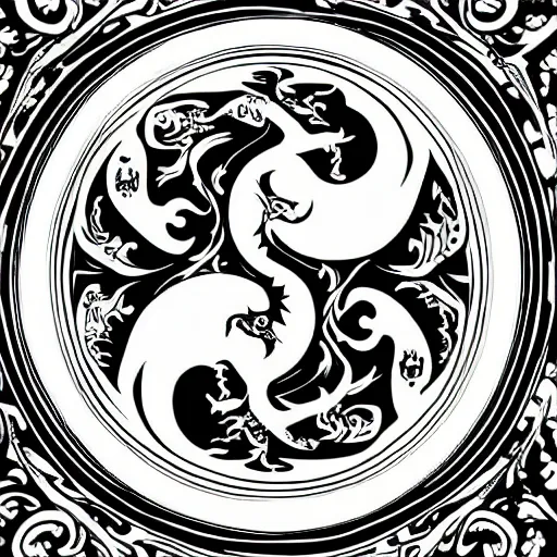 Image similar to a ying yang formed of a phoenix and a dragon, ornate, highly detailed.