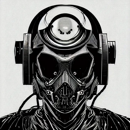 Image similar to A cyberpunk space pirate warping time and space, wearing menacing skull space helmet, trading illegal goods, protomolecule, magic mushrooms, psilocybin, LSD, skull full face helmet, space helmet, futuristic, blade runner, detailed, intricate, elegant, highly detailed, digital painting, artstation, concept art, smooth, sharp focus, akira style illustration, art by Krenz Cushart and Artem Demura and Alphonse Mucha