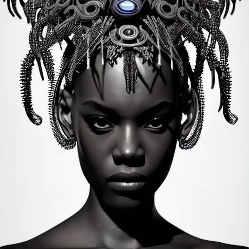 Prompt: portrait of an absurdly beautiful, graceful, sophisticated, fashionable black cyberpunk mechanoid gravure idol, ultrafine hyperdetailed illustration by irakli nadar, matt wisniewski style, marvel comics, intricate linework, ebony skin, neon jellyfish headdress, ivory carved ruff, unreal engine 5 highly rendered, global illumination, radiant light, detailed and intricate environment