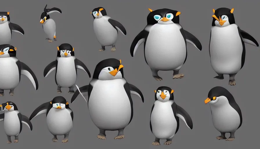 Image similar to very very very cute fantasy creatures based on penguins mixed with cats by Jama Jurabaev and Max Kostenko, disney, pixar, MPC, Framestore, character design for animation, video game character, concept design sheet, cute, adorable, uplight, a lineup of characters, big disney eyes, symmetrical eyes, cuteness, 3d render, octane rendered, highly detailed, cinematic lightning, rendered by maya and houdini, highly detailed, unreal engine, Trending on Artstation, octane render, 4k, 8k, HD