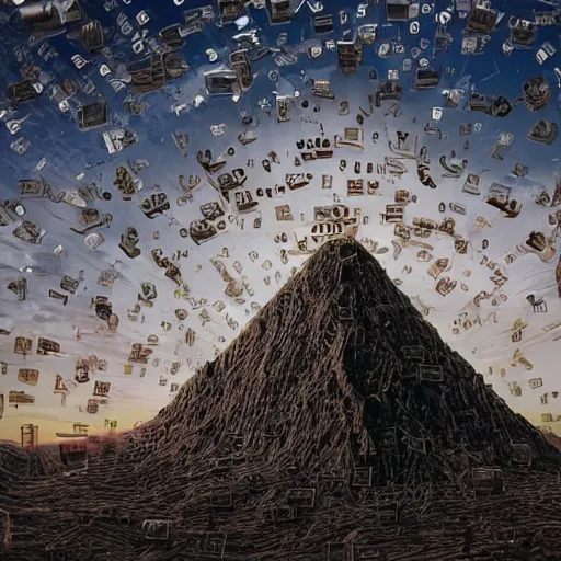 Image similar to a mountain made out of computer screens that display bitcoin logos, cinematic, post - apocalyptic landscape, harsh contrast lighting, in the style of surrealism, made by salvador dali