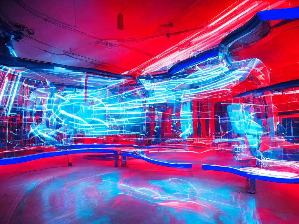 Prompt: visor with curved translucent screens projecting bright red and blue, pixel perfect photograph, high contrast, volumetric lighting, thin glowing lights, chair, users, pair of keys