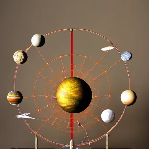 Image similar to a kinetic sculpture of this solar system, sun, mercury, venus, earth, mars, jupiter, saturn, uranus, neptune, pluto, orrery, canon 5 d 5 0 mm lens, papier - mache, studio, artificial intelligence