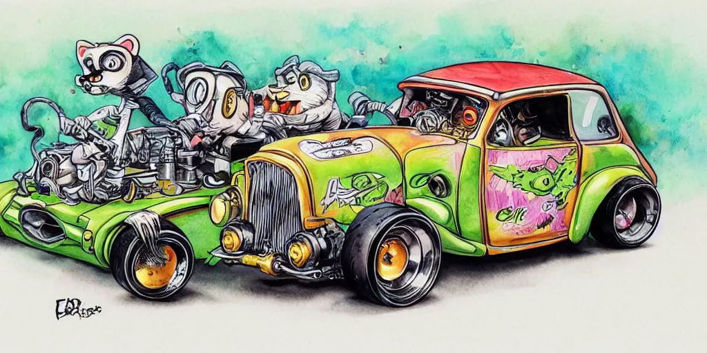 Image similar to racoon riding in a tiny hot rod coupe with oversized engine, ratfink style by ed roth, centered award winning watercolor pen illustration, by chihiro iwasaki, edited by range murata