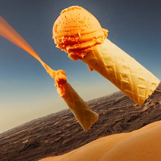 Image similar to photo of an orange ice cream cone firing its retrorockets