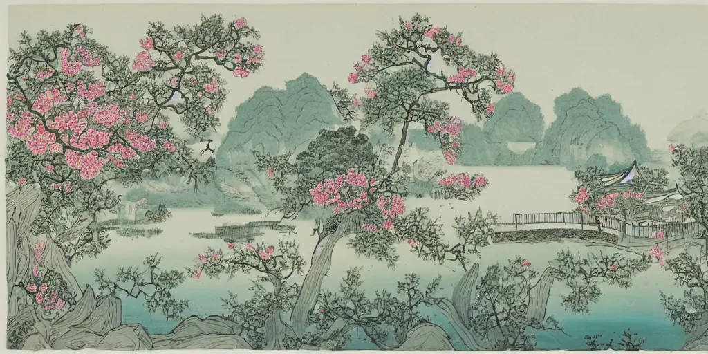 Image similar to summer manor with peony flowers and lake, chinese ink painting