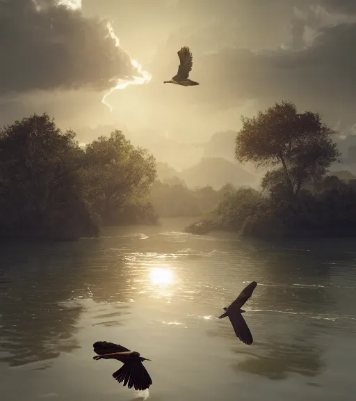 Image similar to three long beak crows flying and a little boat in a swamp, long legs, volumetric lighting, majestic light, octane render, ethereal glare of the sun, hyperrealistic, epic, masterpiece, by greg rutkowski