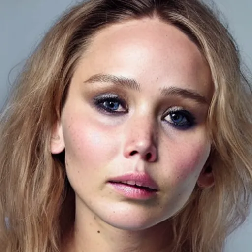 Image similar to a woman who is a genetic combination of jennifer lawrence and elizabeth olsen face and upper - body focus