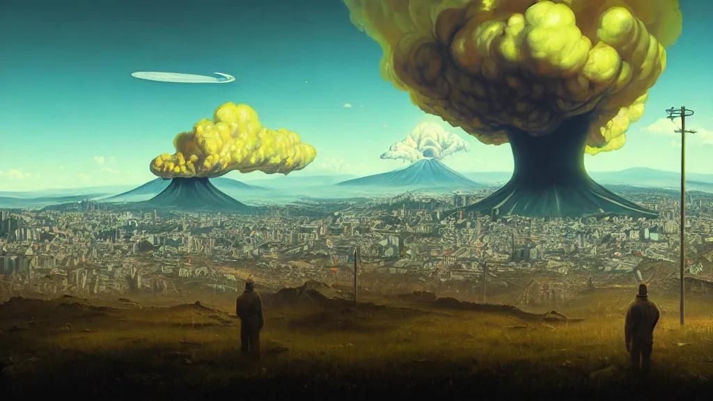 Prompt: Nuclear Fallout towering over the town of Quito by Simon Stålenhag and J.M.W. Turner, oil on canvas; Art Direction by Adam Adamowicz; 4K, 8K; Ultra-Realistic Depth Shading