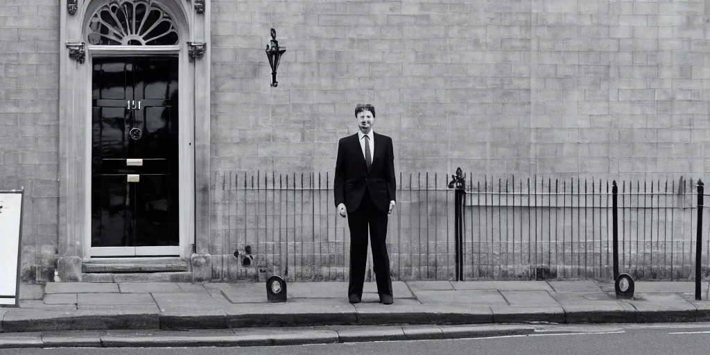 Prompt: photograph of a british man in a suit int the style of karen knorr, daido moriyama, analogue photography, downing street, black and white, war on drugs