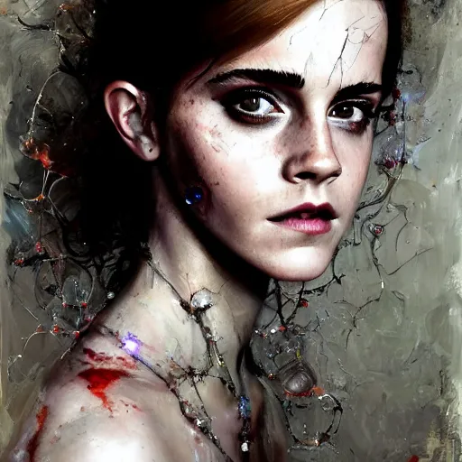 Prompt: emma watson expressive oil painting, of helena bonham carter mixed with sophia lauren, bumpy mottled skin full of blood and scars, ornate headpiece made from crystals, cables and wires, body horror, by yoshitaka amano, by greg rutkowski, by jeremyg lipkinng, by artgerm, digital art, octane render