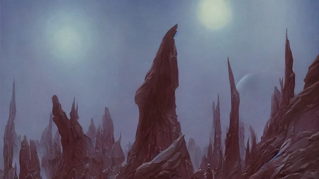 Image similar to eerie atmospheric evolving alien planet by gerald brom and vincent di fate, epic cinematic matte painting