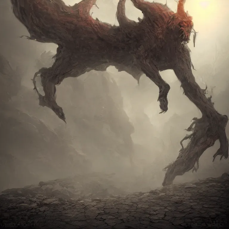 Prompt: a gigantic demon on a cobblestone hard mountain, night, scary, eerie, foggy lighting, rim light, digital art.