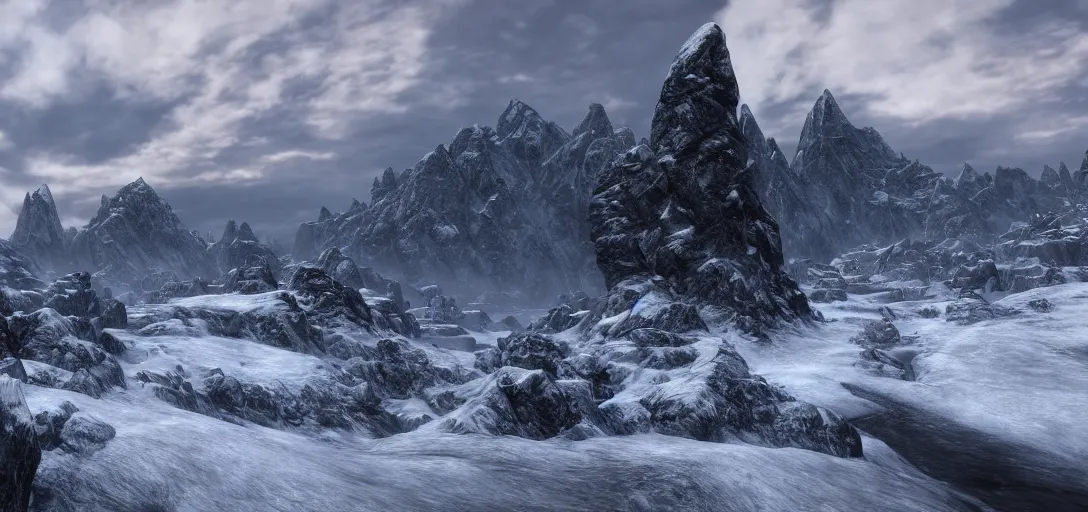 Image similar to skyrim throat of the world mountain as seen from whiterun, skyrim, elder scrolls, winter weather, landscape photography, professional photography, 8k realism, hyper realism, wide shot