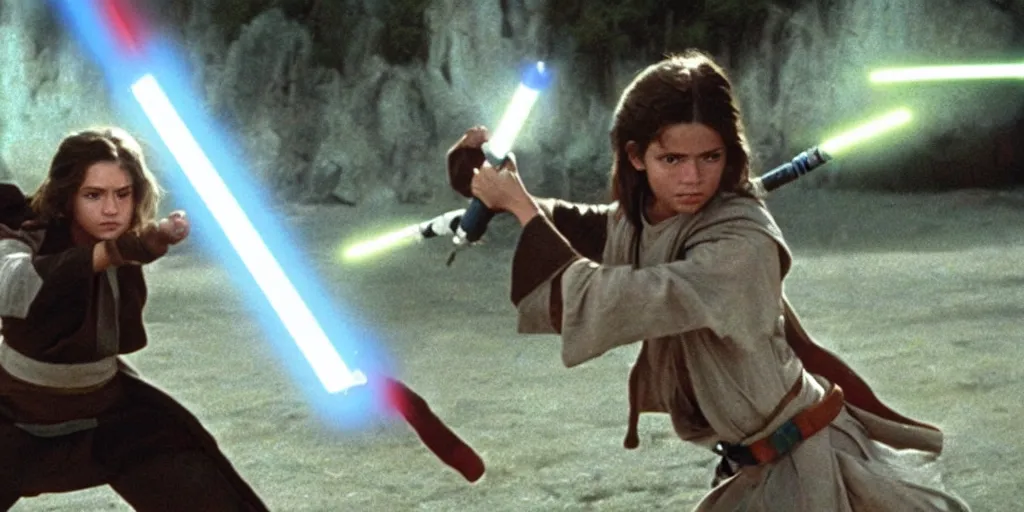 Image similar to a full color still of a teen brunette Jedi padawan holding a lightsaber hilt during a sci-fi battle, cinematic lighting, 1999, directed by Steven Spielberg, 35mm