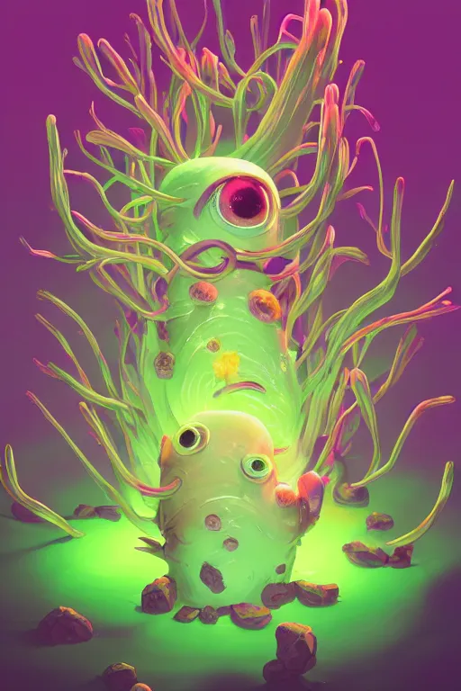 Image similar to roots cactus sushi cristal smurf ghost creature animal sushi cristal very big eye roots cactus elemental flush of force nature micro world fluo fishscale, behance hd by jesper ejsing, by rhads, makoto shinkai and lois van baarle, ilya kuvshinov, rossdraws radiating a glowing aura global illumination ray tracing hdr