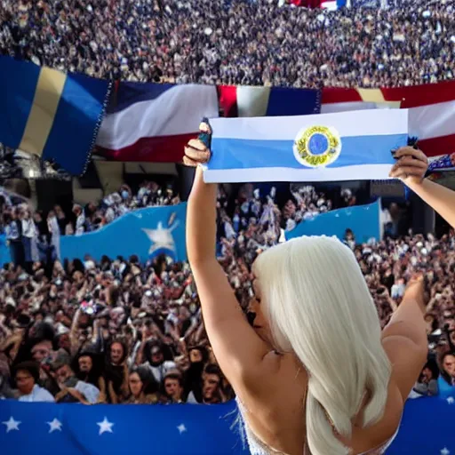 Image similar to Lady Gaga as president, Argentina presidential rally, Argentine flags behind, bokeh, giving a speech, detailed face, Argentina