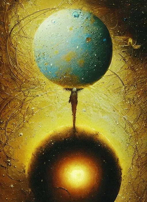 Image similar to spheres being covered by extremely detailed splatters of abstract gold paint, planets and moons engulfed in flames in the style of, pascal blanche, surreal, beksinski, high detailed