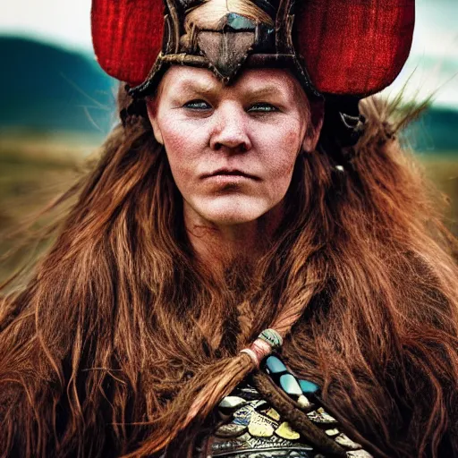 Prompt: Viking woman tribal, red hair,, photograph, national geographic, award winning.