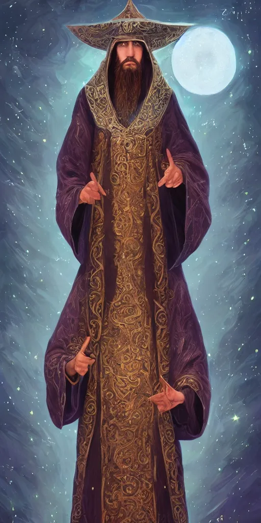 Prompt: adult wizard wearing a byzantine hat and a robe with star and moon pattern, handsome face, focus eyes, hyperrealistic, large star crystals, symmetry, ultra realistic soft painting, full body, fantasy, intricate, elegant, highly detailed, digital painting, artstation, concept art, matte, illustration, 8 k