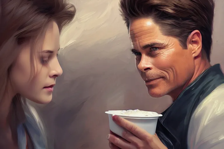 Image similar to rob lowe face in a yogurt cup, dairy aisle at grocery store, charlie bowater, artgerm, ilya kuvshinov, krenz cushart, ruan jia, realism, ultra detailed, 8 k resolution