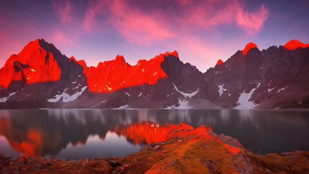 Image similar to amazing landscape photo of mountains with lake in sunset by marc adamus, beautiful dramatic lighting