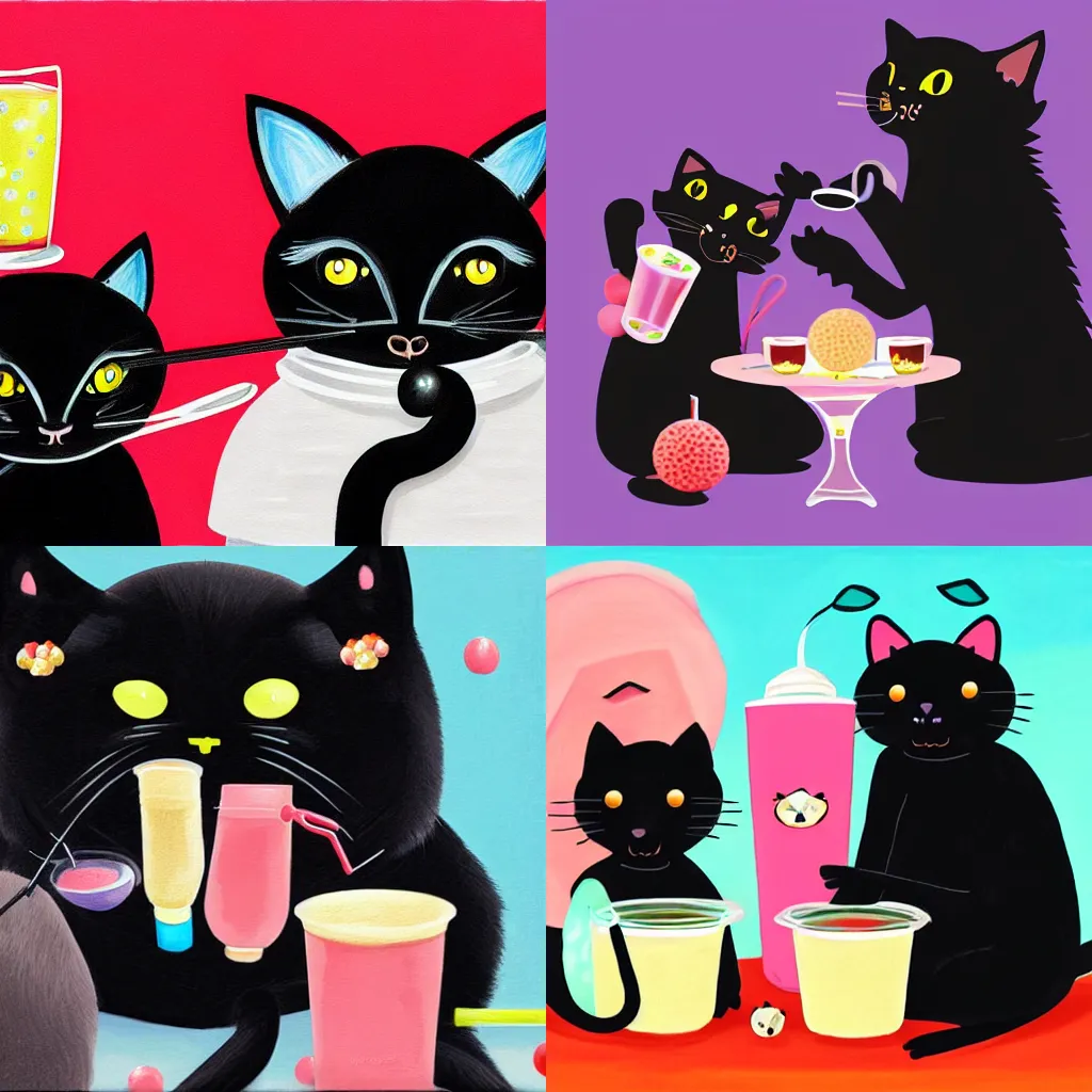 Prompt: Painting of a black cat and a racoon drinking boba tea with a straw. The pearls are shaped like little fish. Digital art.