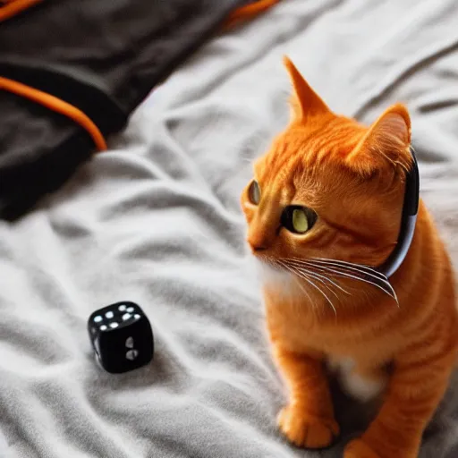 Prompt: Adorable orange tabby cat, the cat is wearing black gaming headphones, its collar has a D20 dice on it, lying on a fuzzy blanket, in a sunbeam, Pixar, cozy, golden hour