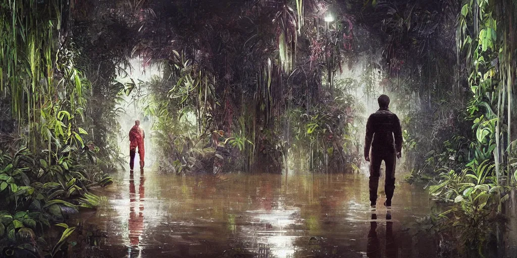 Image similar to an atmospheric painting of an astronaut walking through a flooded underground that is overgrown with jungle plants and vegetation, beautifully lit and highly detailed painting by Johnny Morant