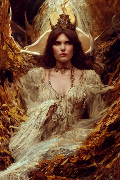 Image similar to full body portrait of seraphim queen sitting in her nest of bones, highly detailed painting by gaston bussiere, craig mullins, j. c. leyendecker, 8 k, mid shot